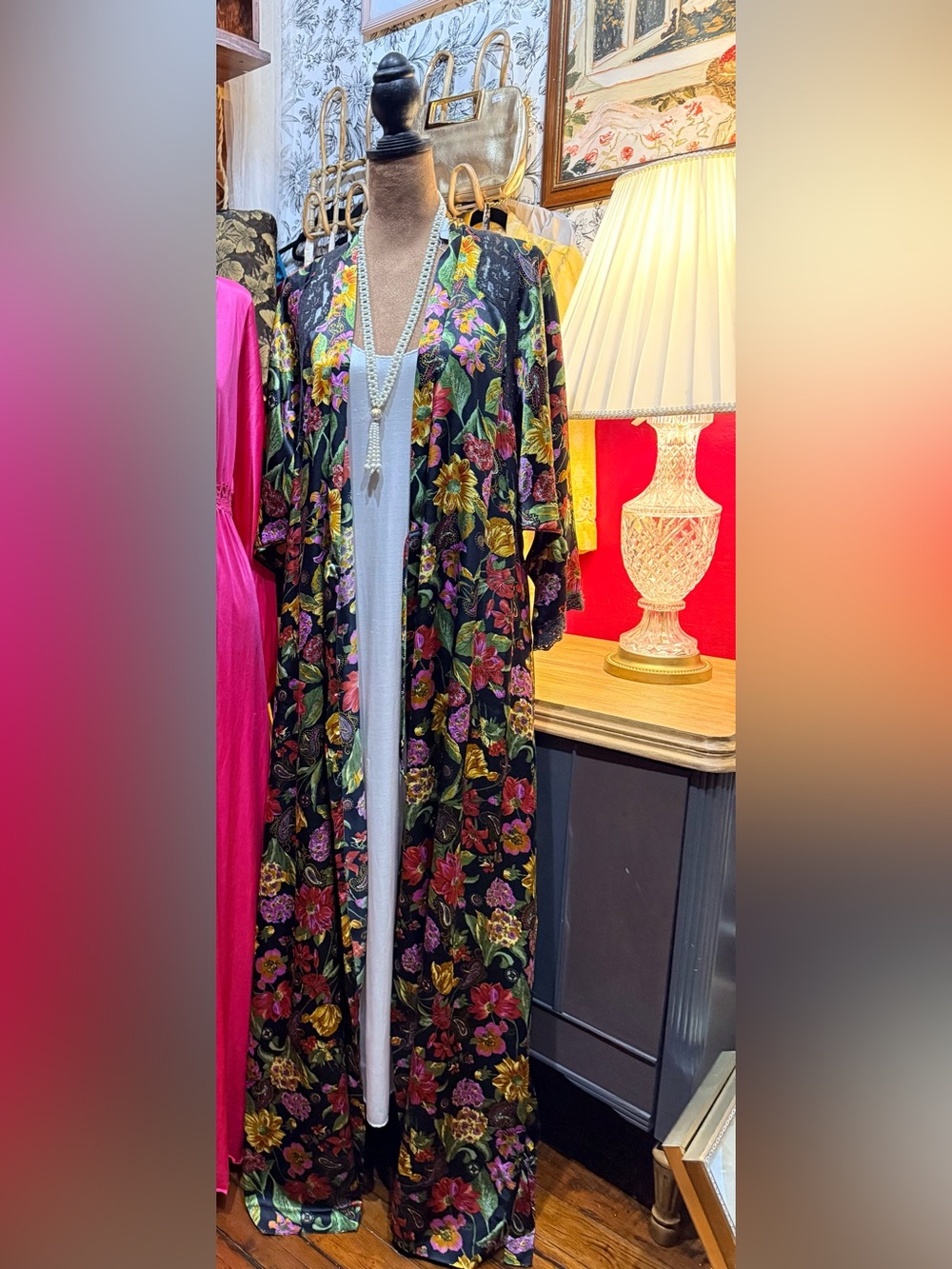Vintage Vanity Fair Floral Maxi Robe Size M Made in USA Black Lace